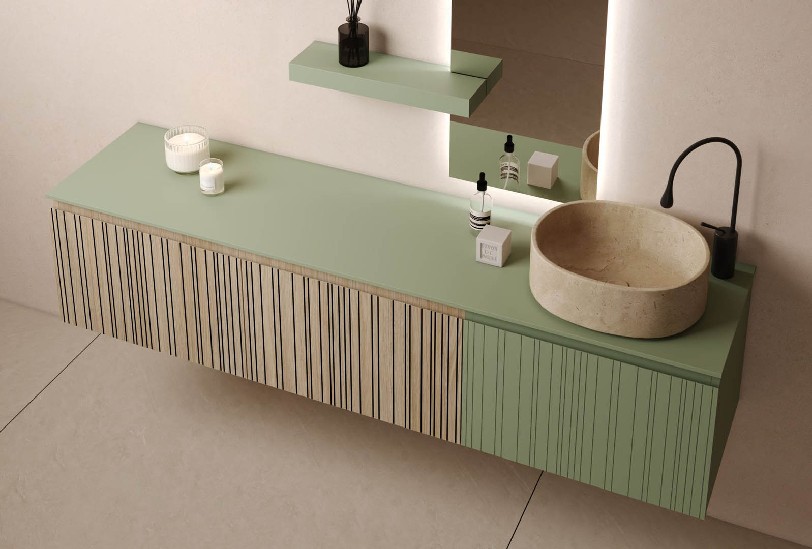 Acabado premium con laca y vidrio lacado en mobiliario de baño