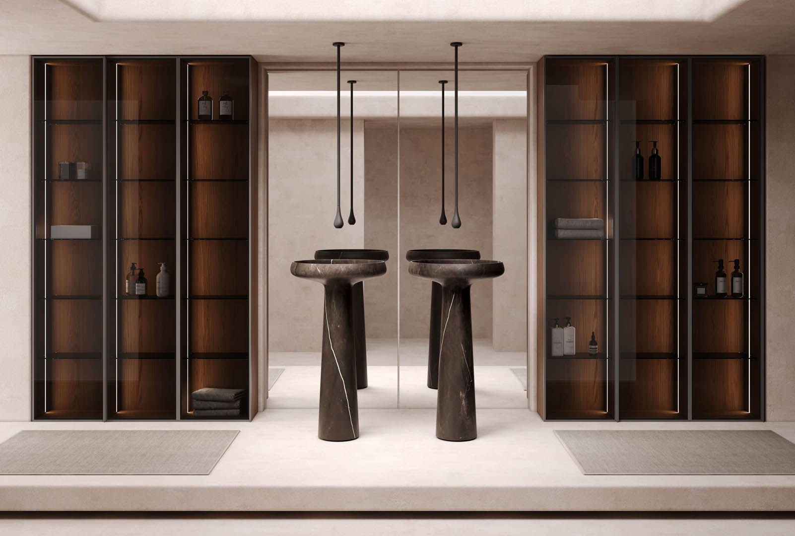 Combinación de mueble suspendido con encimera fina y madera natural