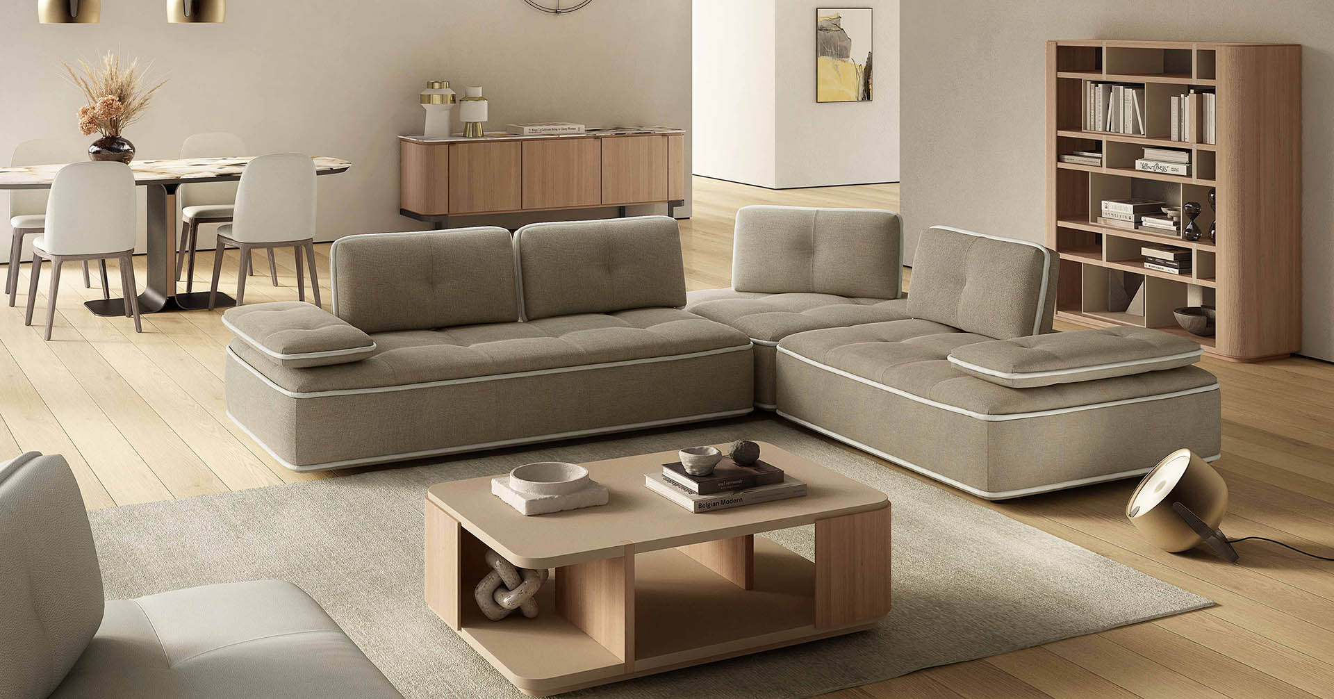 Sofá Natuzzi Editions en salón contemporáneo con diseño italiano y líneas arquitectónicas