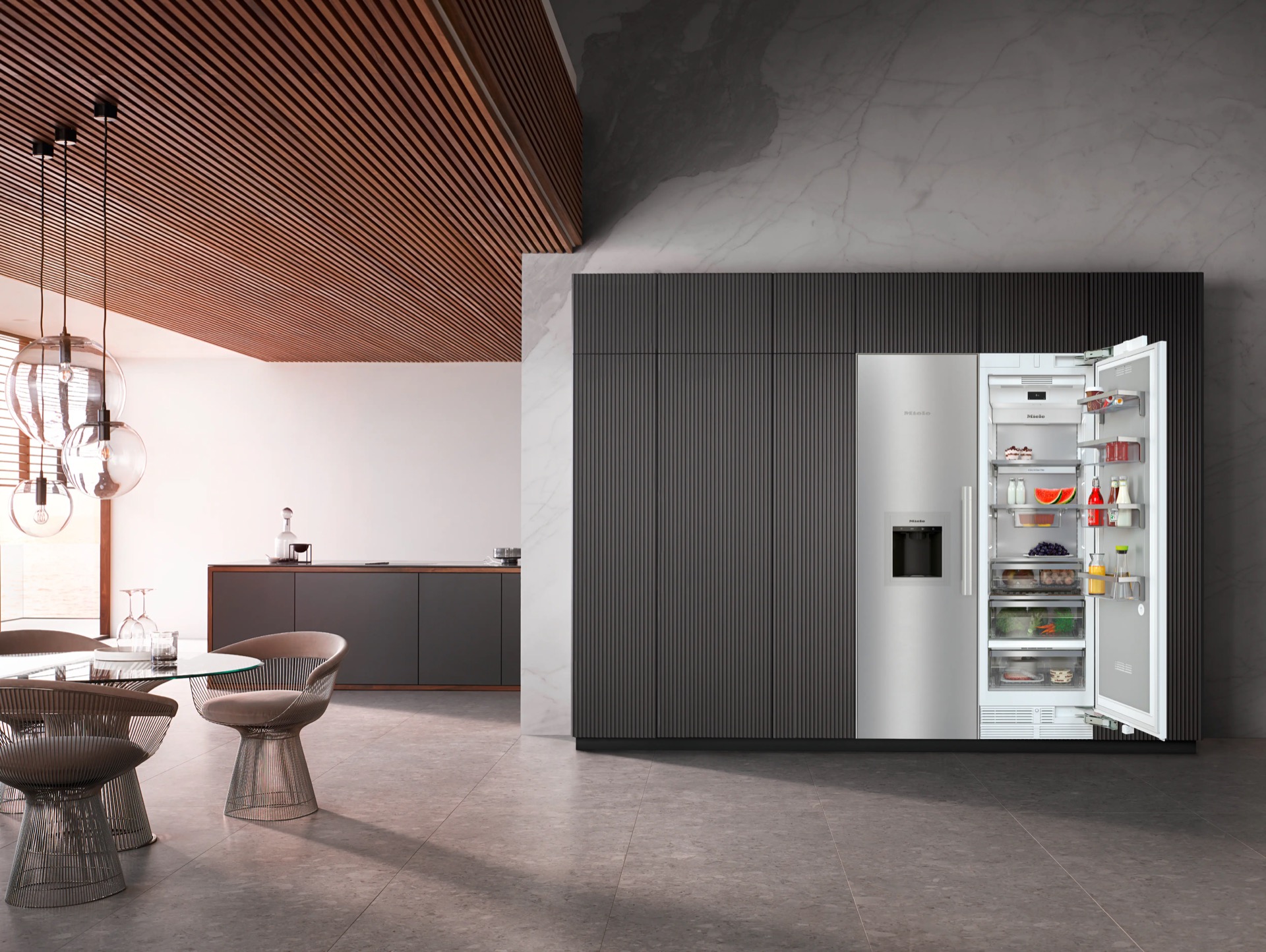 Frigorífico MasterCool Miele integrado cocina madera mármol proyecto interiorismo lujo