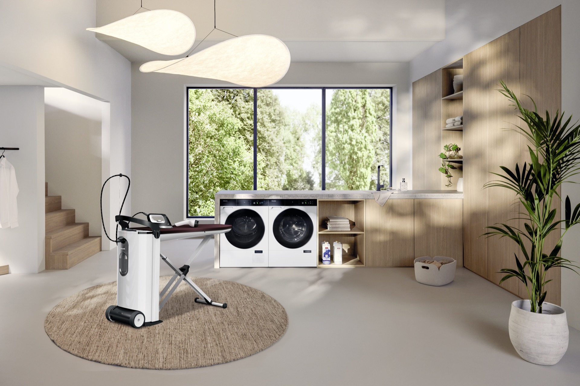 Cuarto lavado Miele lavadora secadora paralelo plancha vapor luminoso jardín ventana