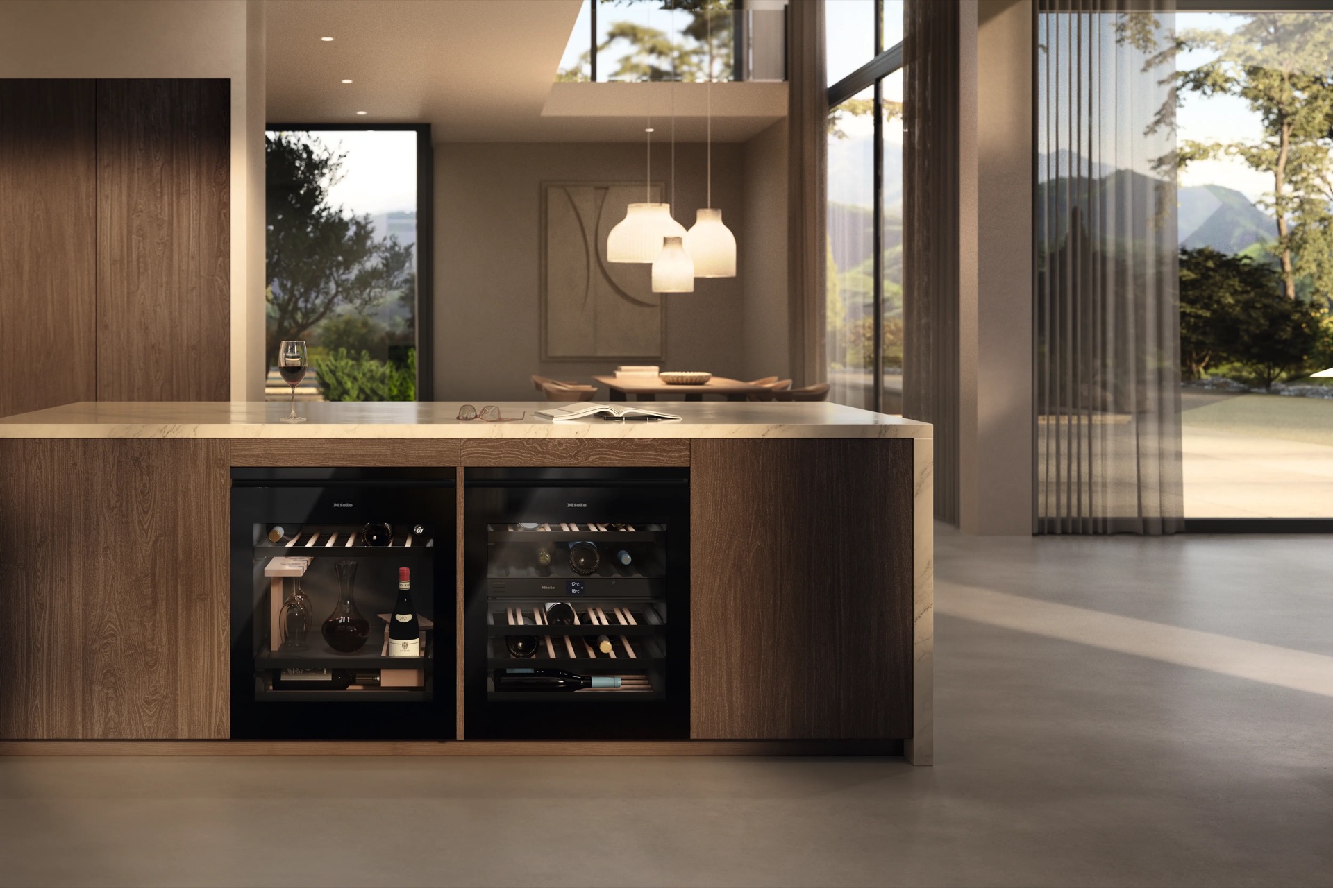 Acondicionadores de vino Miele integrados isla nogal salón mármol proyecto lujo Costa del Sol