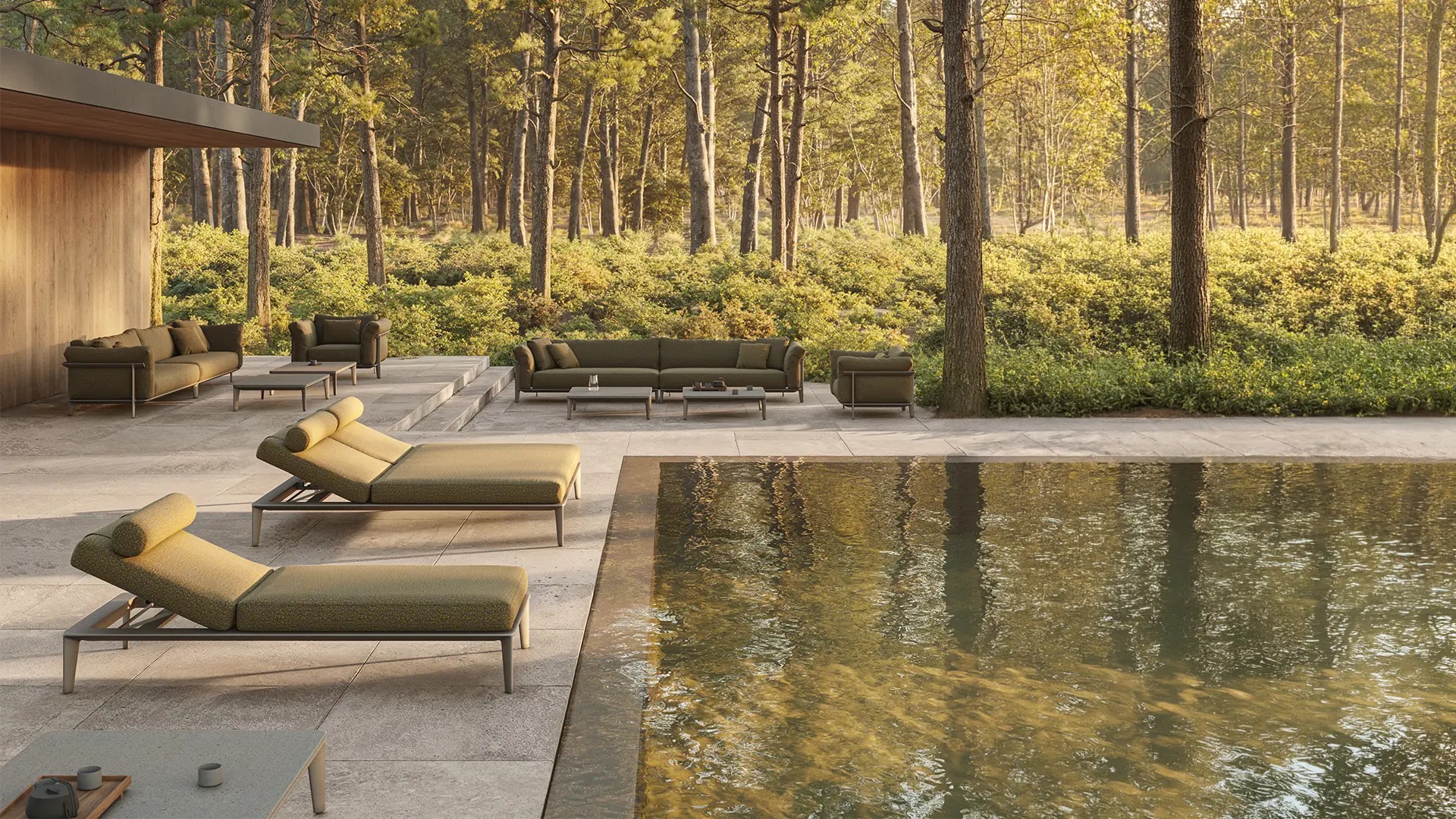 Tumbonas Vondom Pasadena junto a piscina en entorno natural confort exterior Jean-Marie Massaud