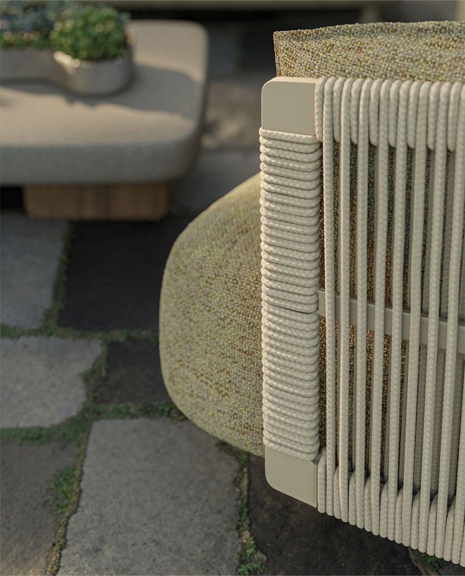 Detalle estructura de cuerda tensada y aluminio butaca Vondom Serra diseño Jean-Marie Massaud