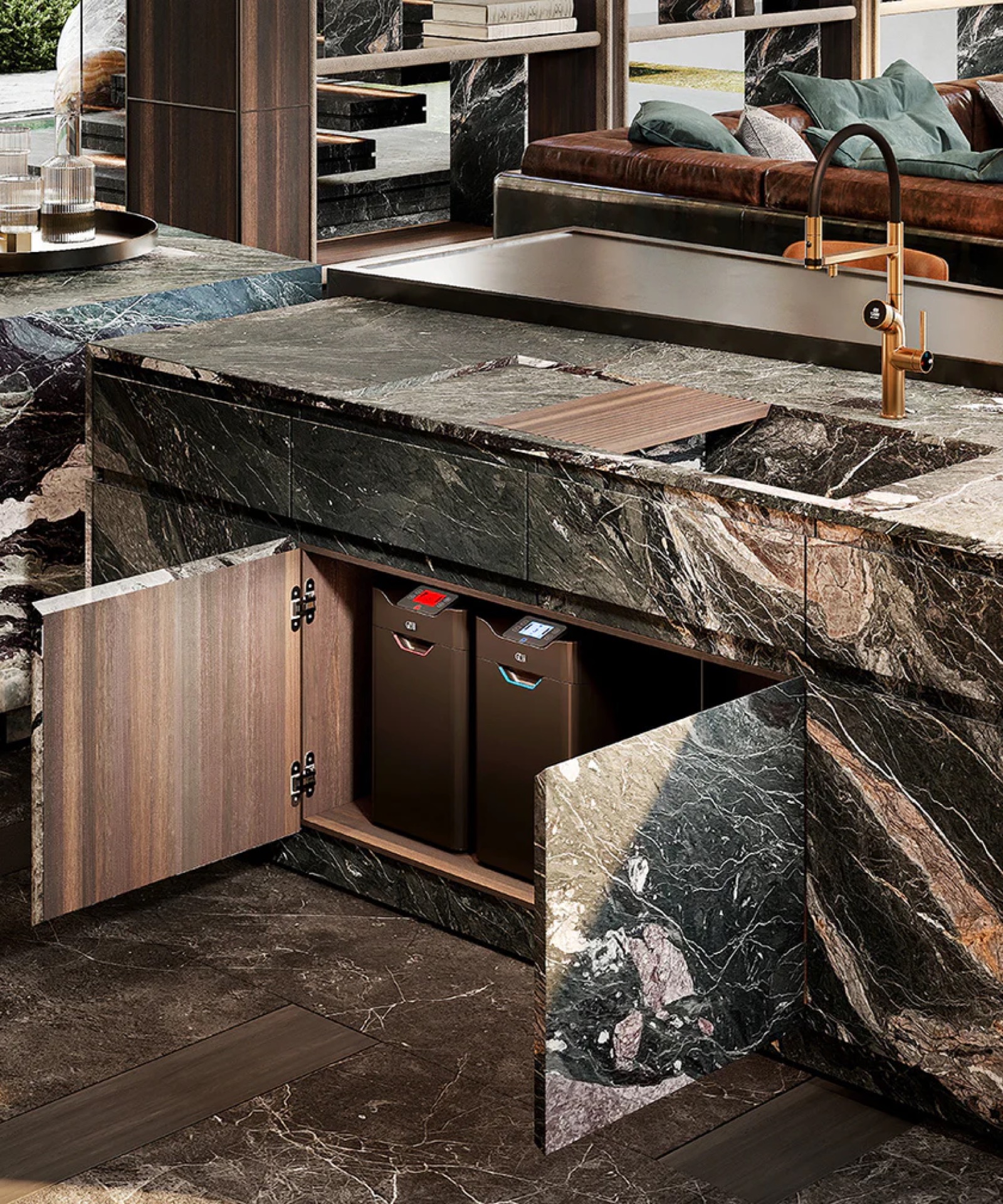 Gessi Vita filtering and carbonation units installed under the sink inside a kitchen cabinet