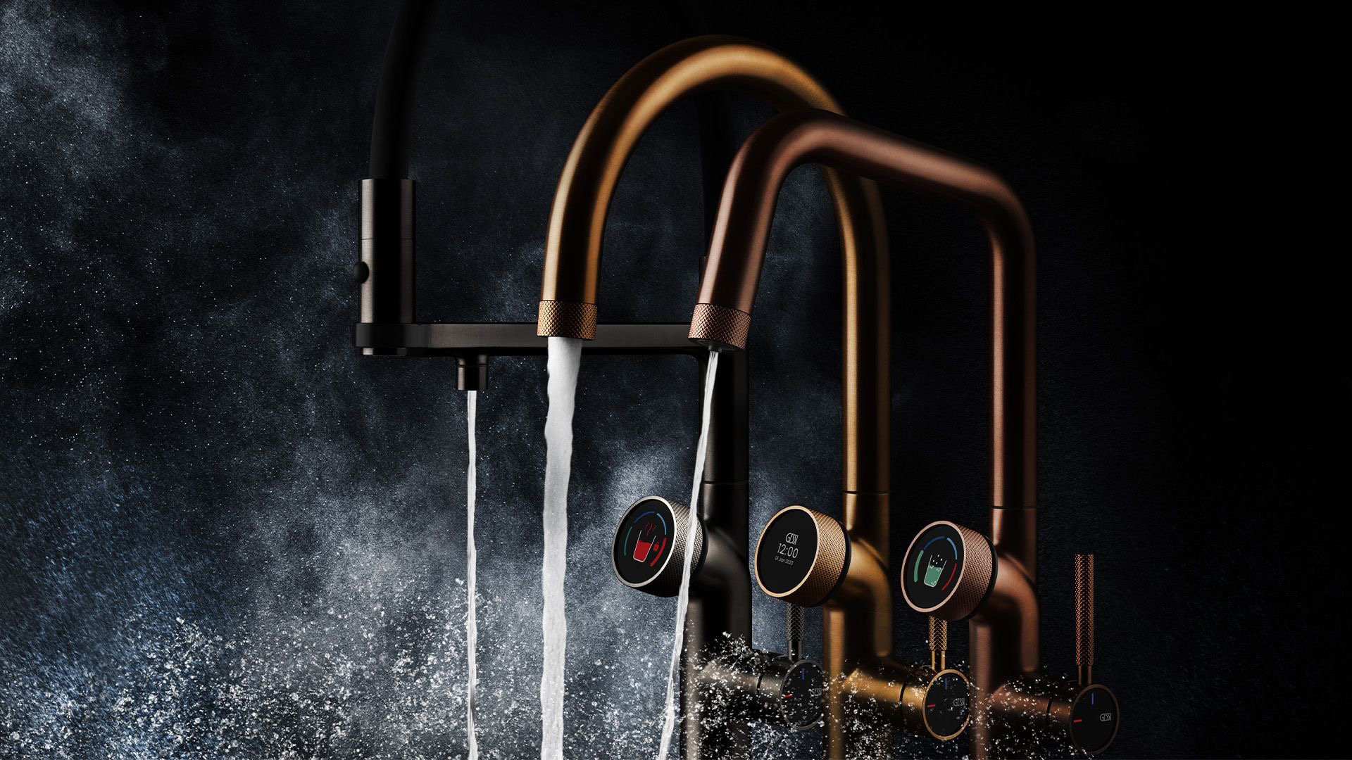 Three Gessi Vita taps dispensing at once, each showing a different water-type icon on its display