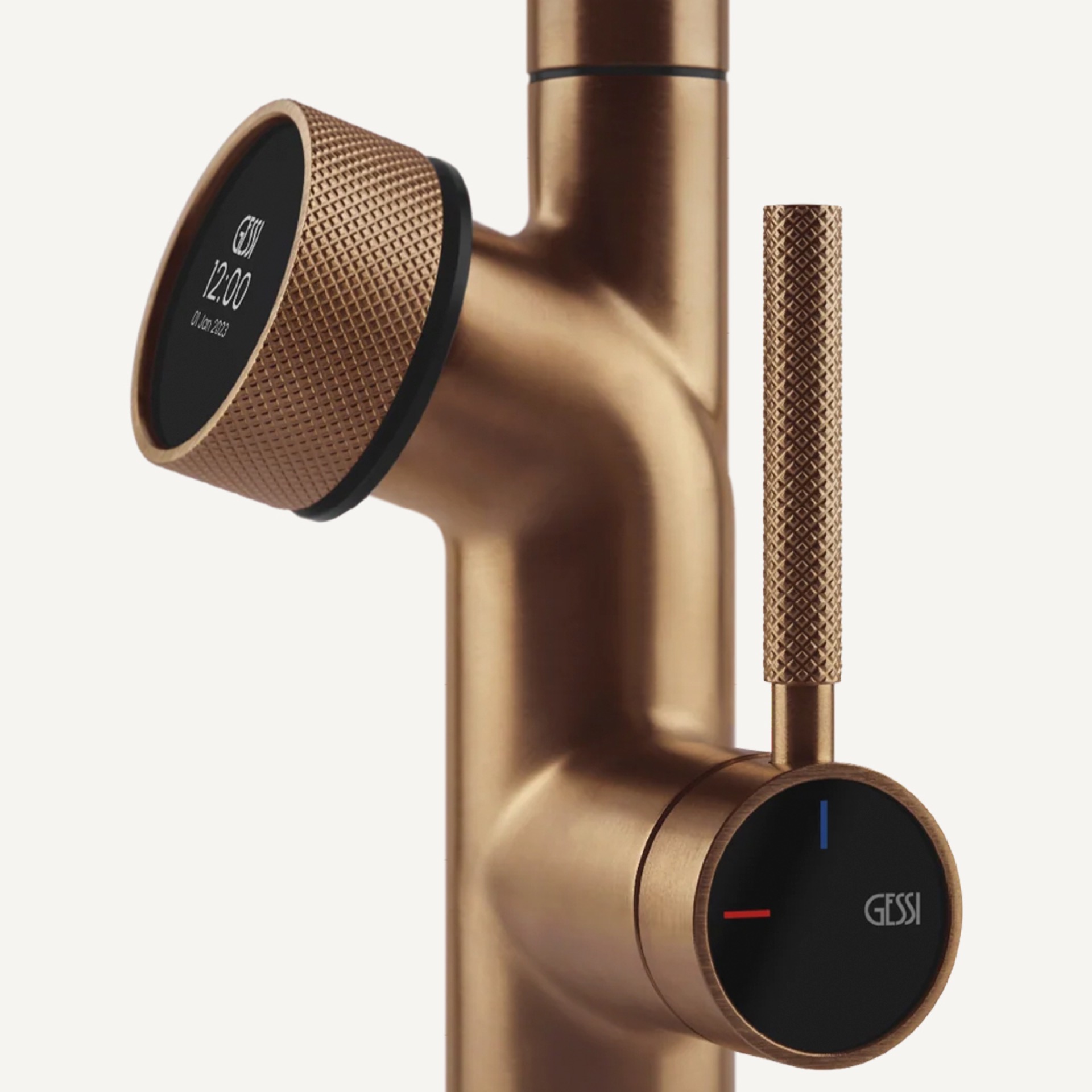 Close-up of the Gessi Vita digital selector and handle in brushed bronze