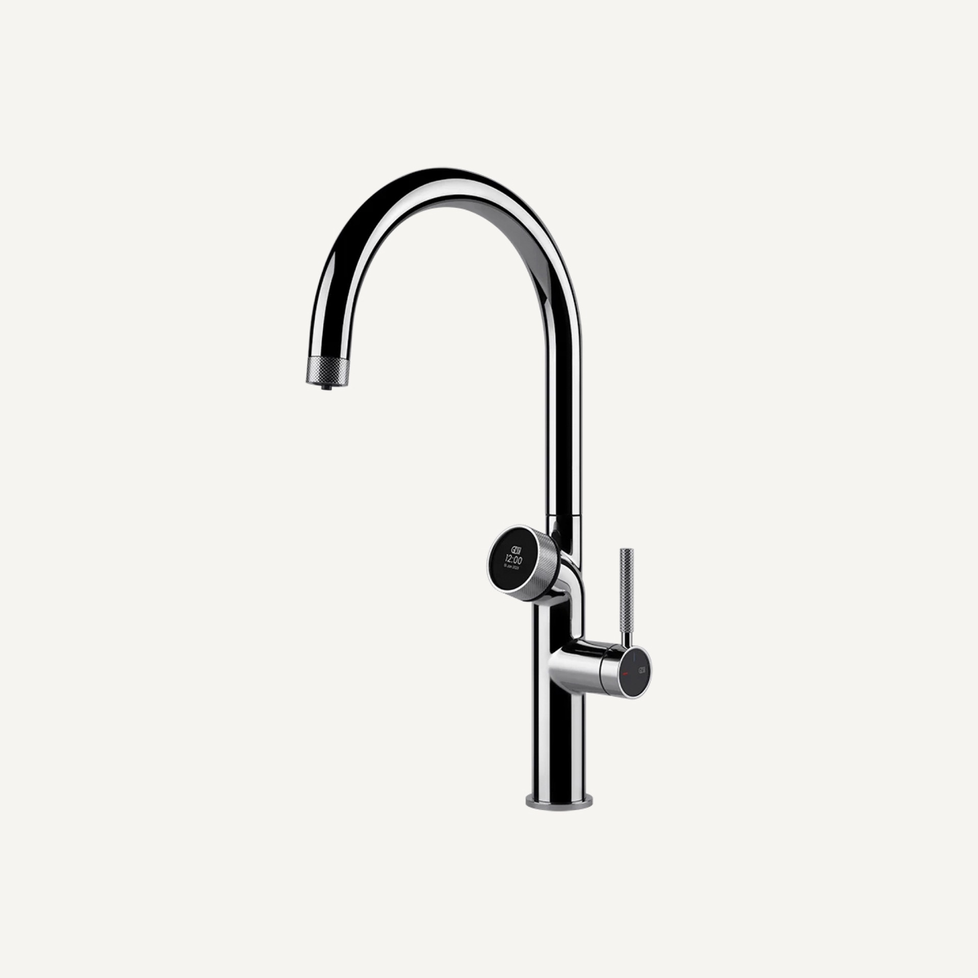 Gessi Vita tap with curved spout in polished chrome on a neutral background