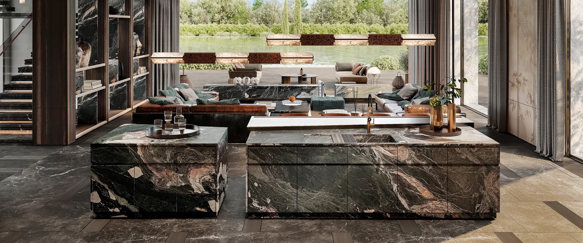 Gessi Vita tap integrated into a marble kitchen island in an interior design project